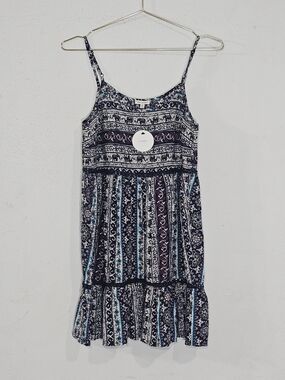 En Crème Boho Elephant Print Mini Dress S NWT Rayon Festival Hippie Blue Summer